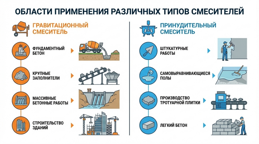 Область применения бетоносмесителей